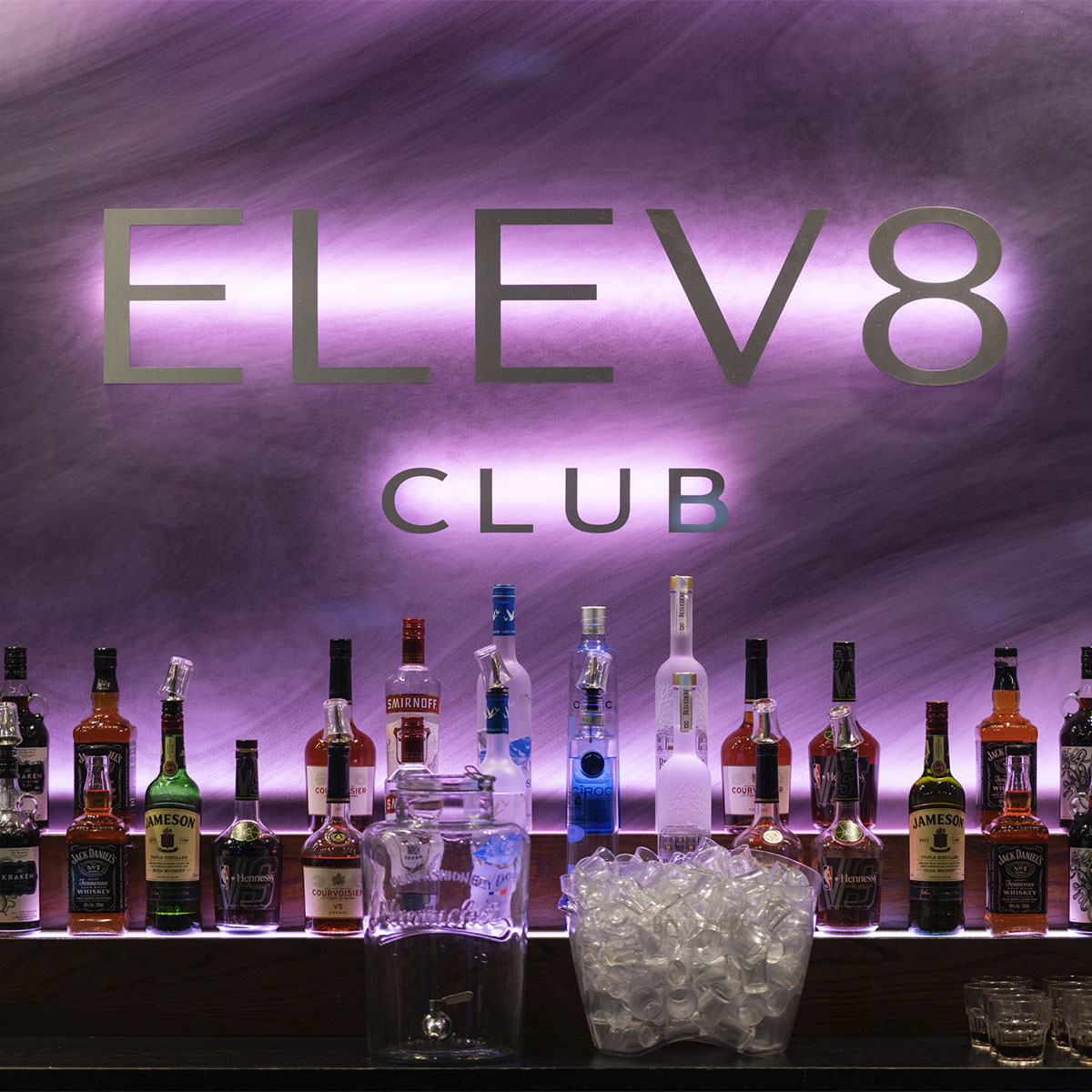 Elev8 nightclub bar backlit in purple neon, Leamington Spa